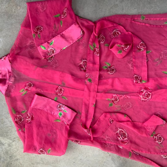 Sheer Hot Pink Silk Satin Women's Long Sleeve Bath robe house coat Rose Pattern - Picture 2 of 4